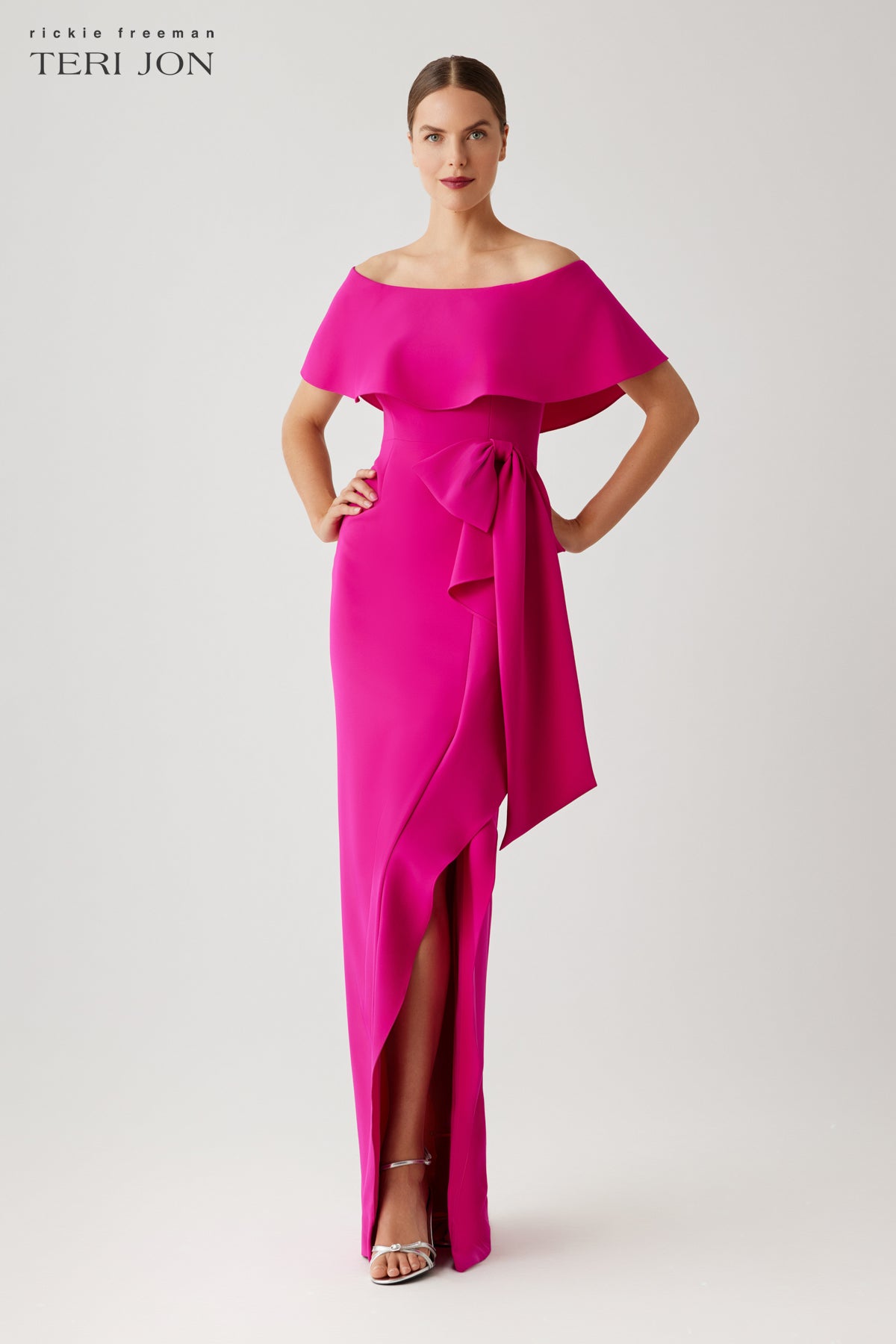 Crepe Off The Shoulder Flounce With Bow Trim Gown – Terijon.com