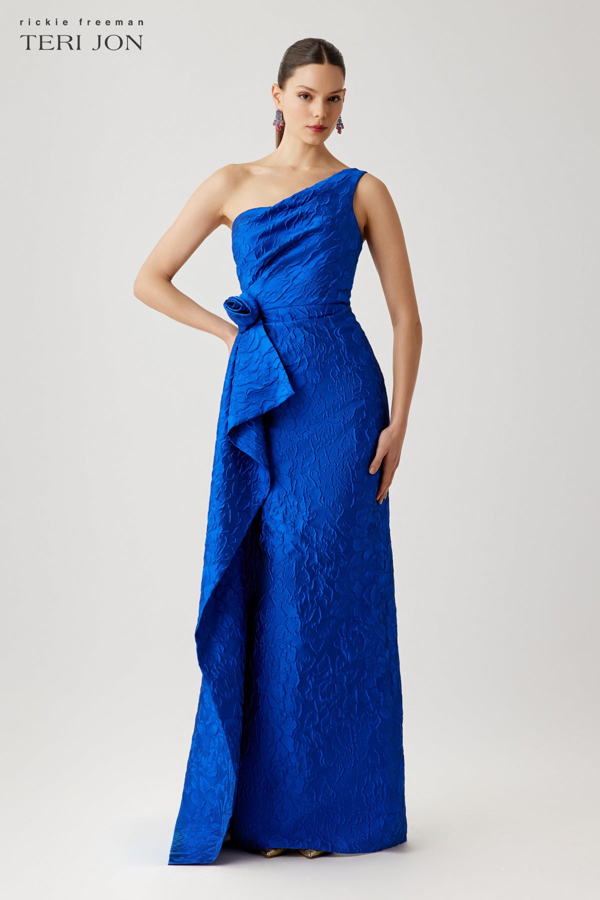 teri jon one shoulder dress Teri Jon Jacquard Side Ruffle One Shoulder Gown
