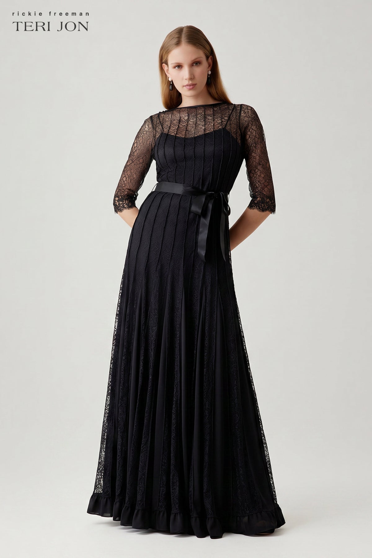 Teri Jon Lace Pintuck Ruffle Hem Gown Size 8