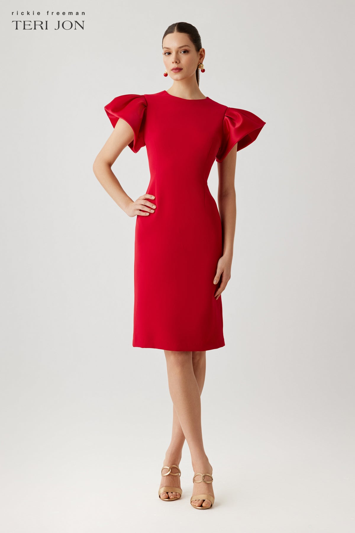 Teri Jon Crepe Sheath Dress With Satin Flounce Short Sleeves Size 22