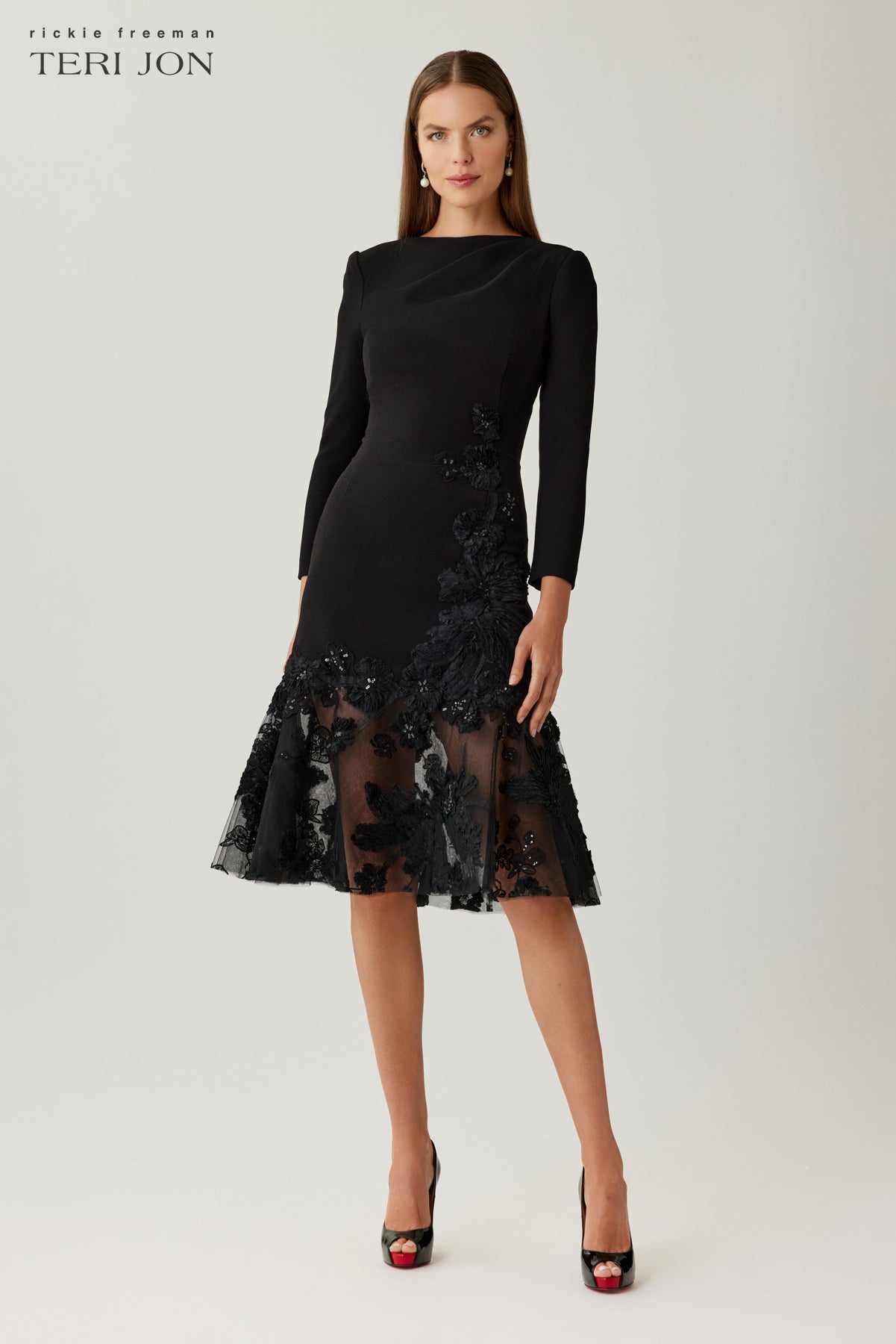 Crepe Lace Trim Tea Length Dress – Terijon.com
