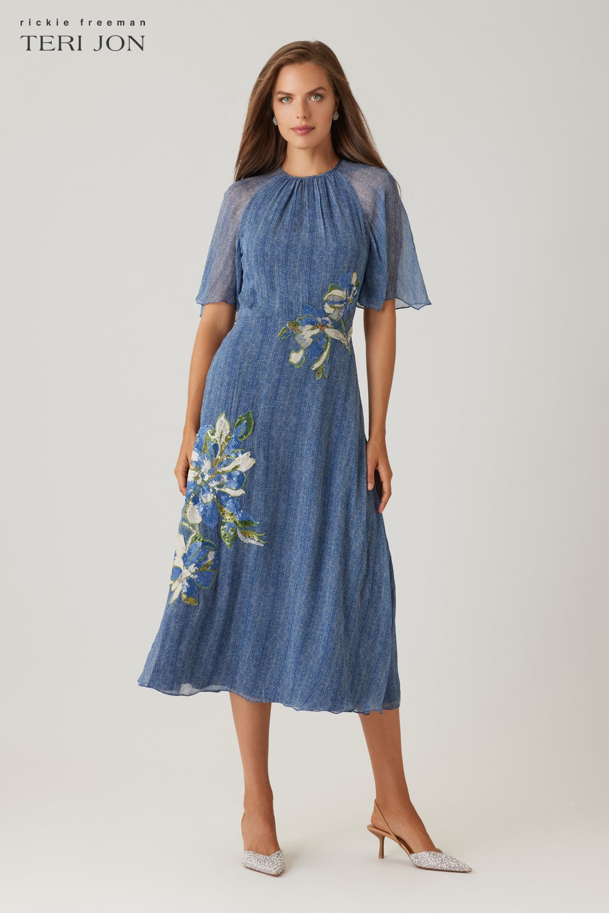 Teri Jon Chiffon Flutter Sleeve Sequin Flower Motif Dress Size 8 Teri Jon Chiffon Flutter Sleeve Sequin Flower Motif Dress Size 8