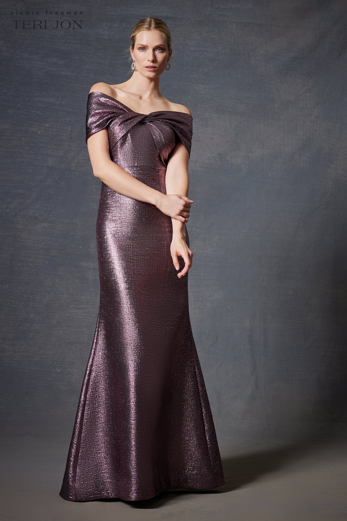 Metallic Jacquard Twist Bodice Off The Shoulder Gown Terijon metallic-jacquard-twist-bodice-off-the-shoulder-gown-terijon