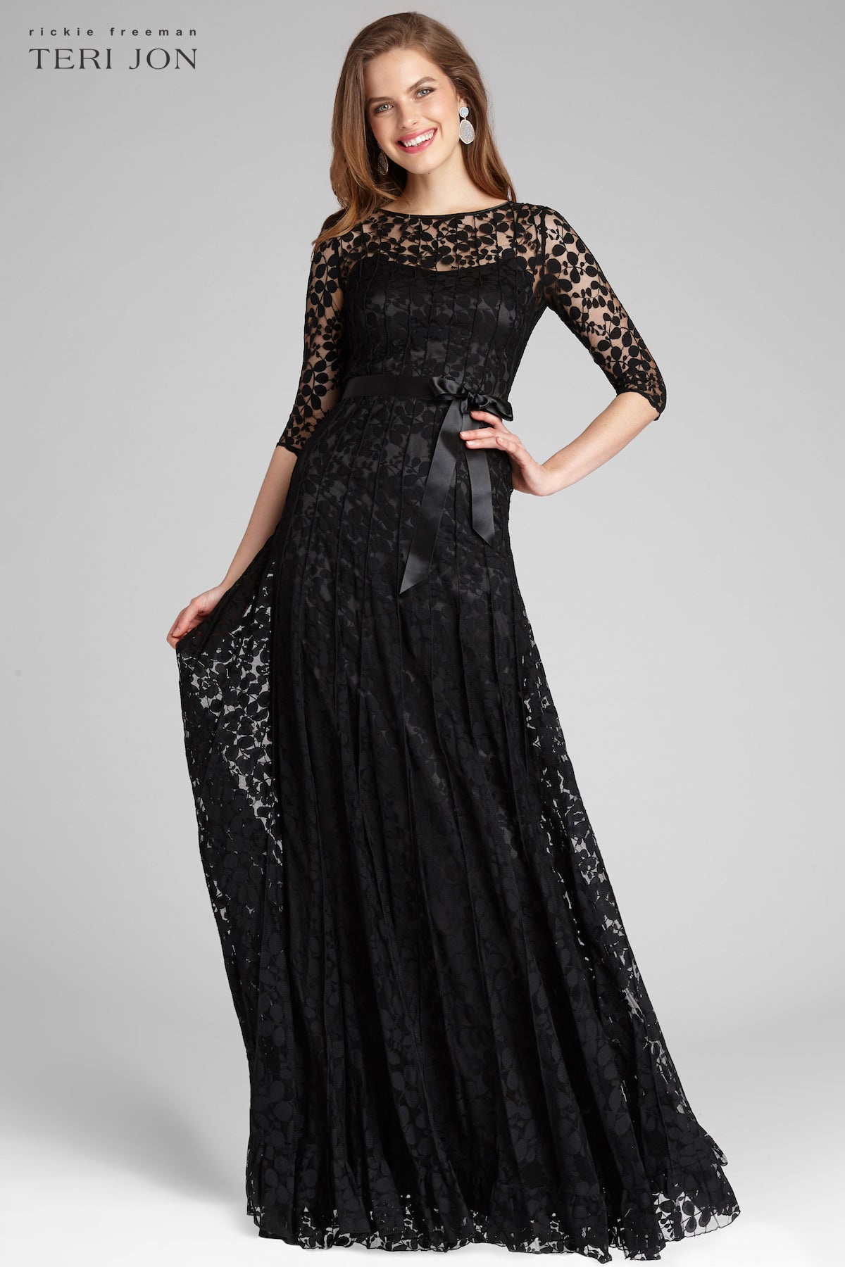teri jon dresses Teri Jon Black Lace Floor Length Evening Gown