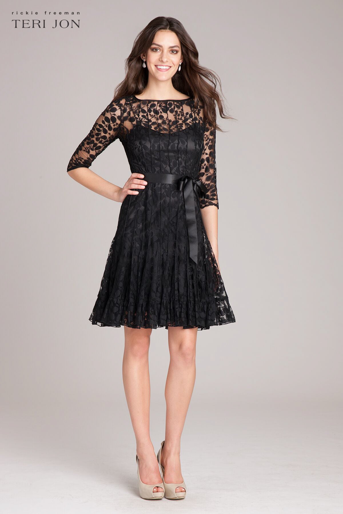 Teri Jon Lace Pintuck 3/4 Sleeve Dress, Women's, Size: 10, Black