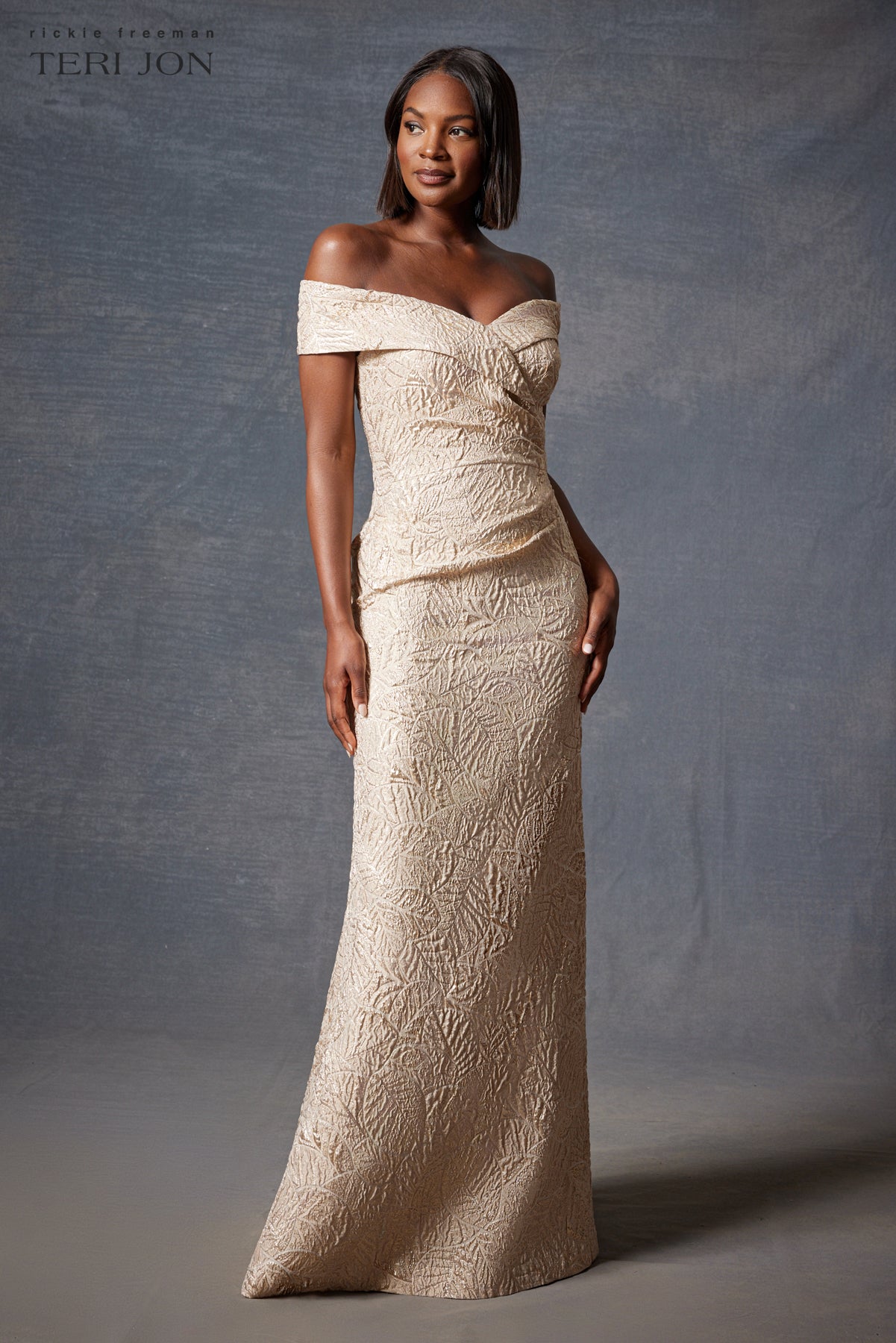 Metallic Jacquard Portrait Collar Side Drape Gown Terijon.com Metallic Jacquard Portrait Collar Side Drape Gown Terijon.com
