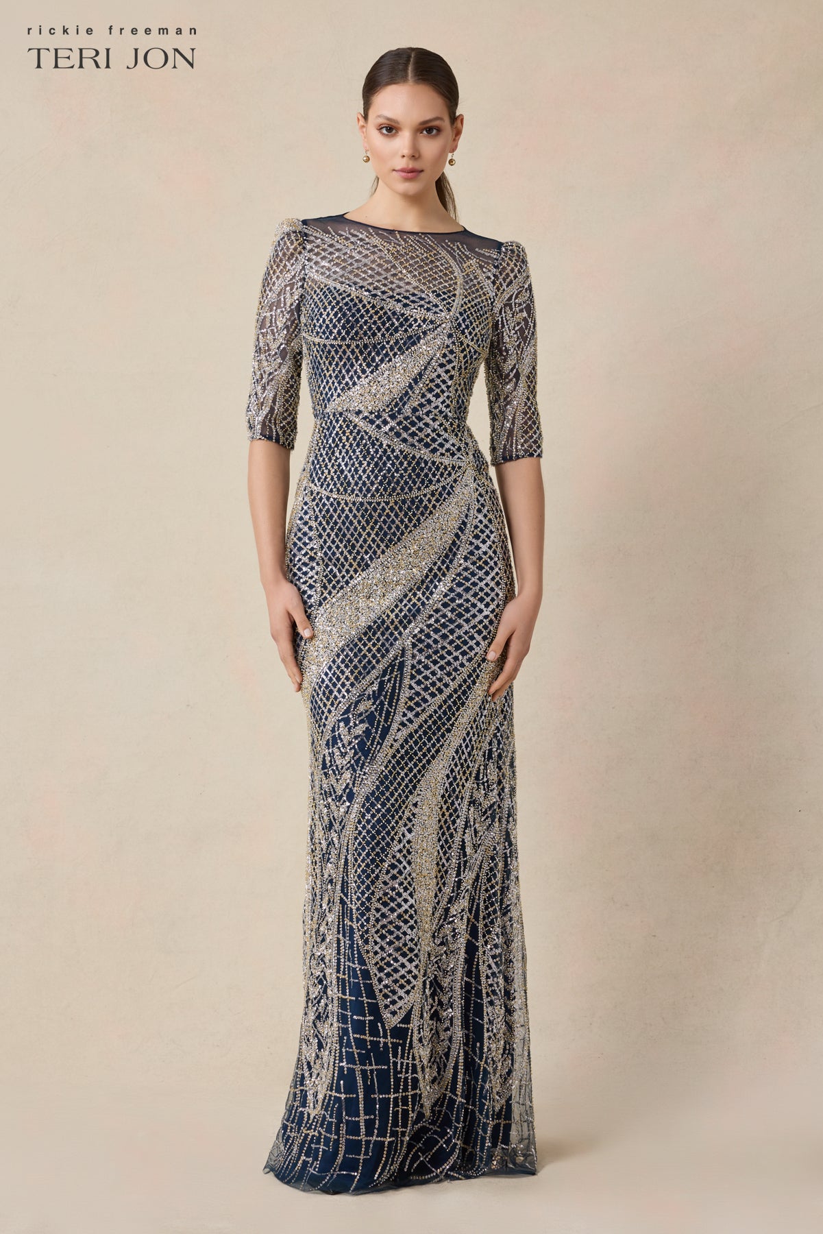 art deco beaded dress Long Beaded Art Deco Dress with Cap Sleeves