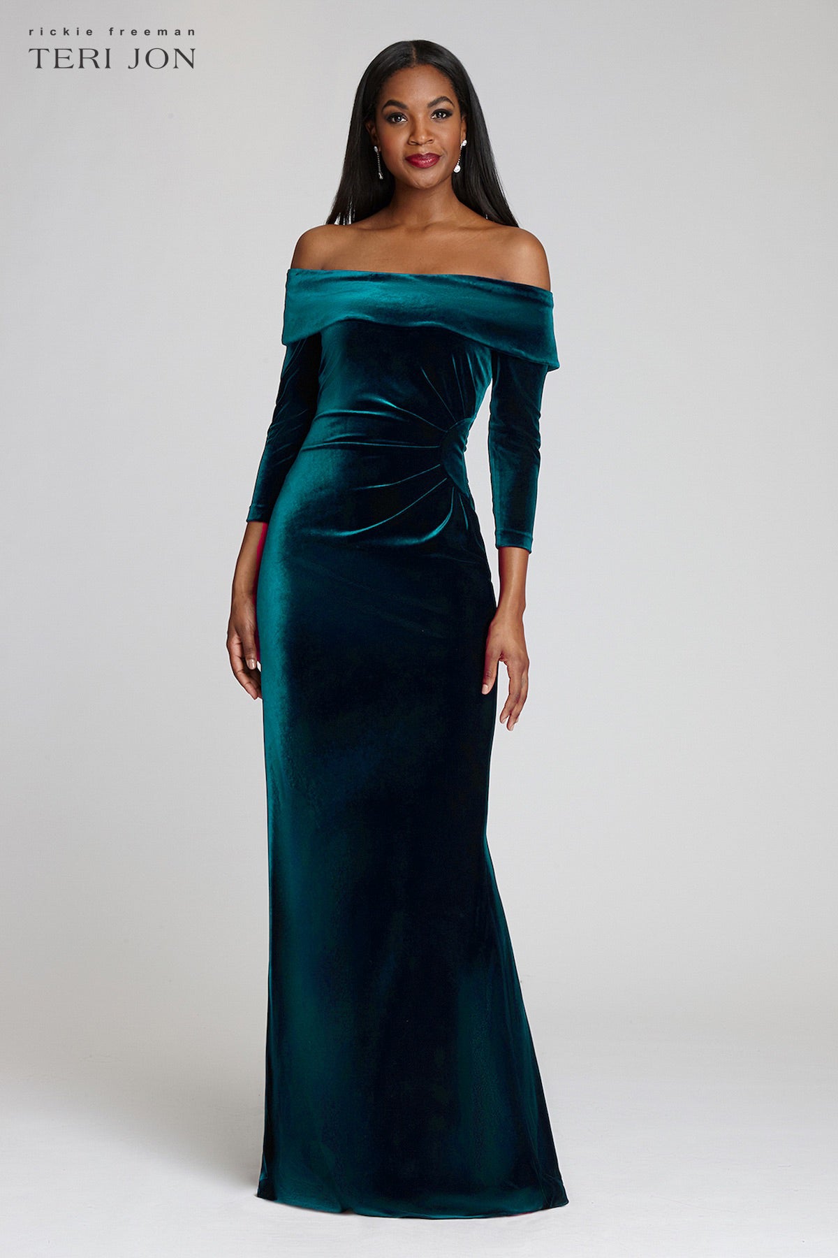 Off The Shoulder Stretch Velvet Portrait Collar Column Gown – Terijon.com