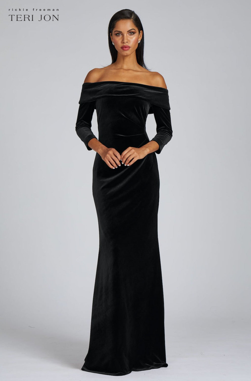 Off The Shoulder Stretch Velvet Portrait Collar Column Gown – Terijon.com