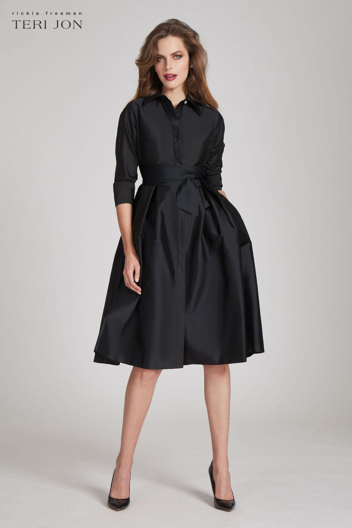 3/4 Sleeve Belted Taffeta Shirtdress – Terijon.com