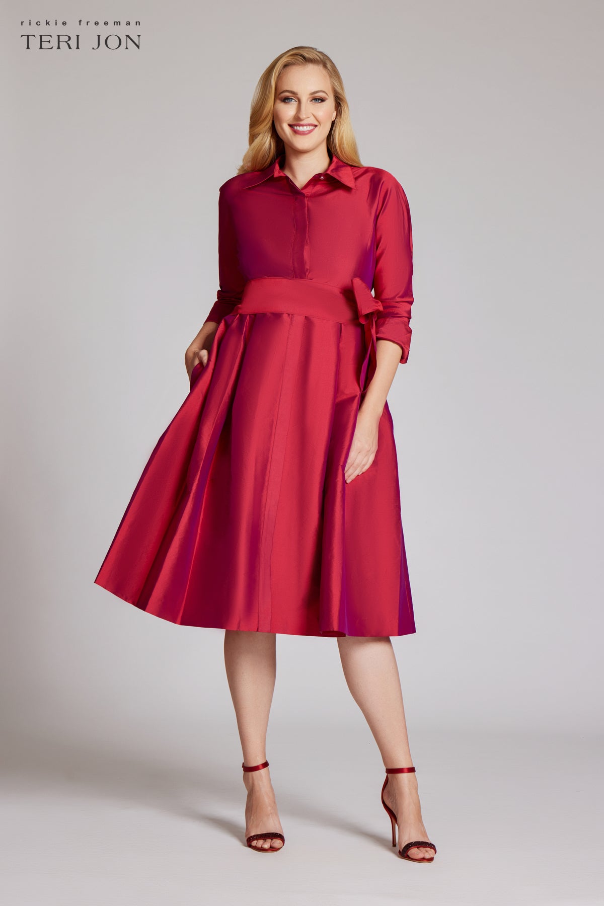 3/4 Sleeve Belted Taffeta Shirtdress