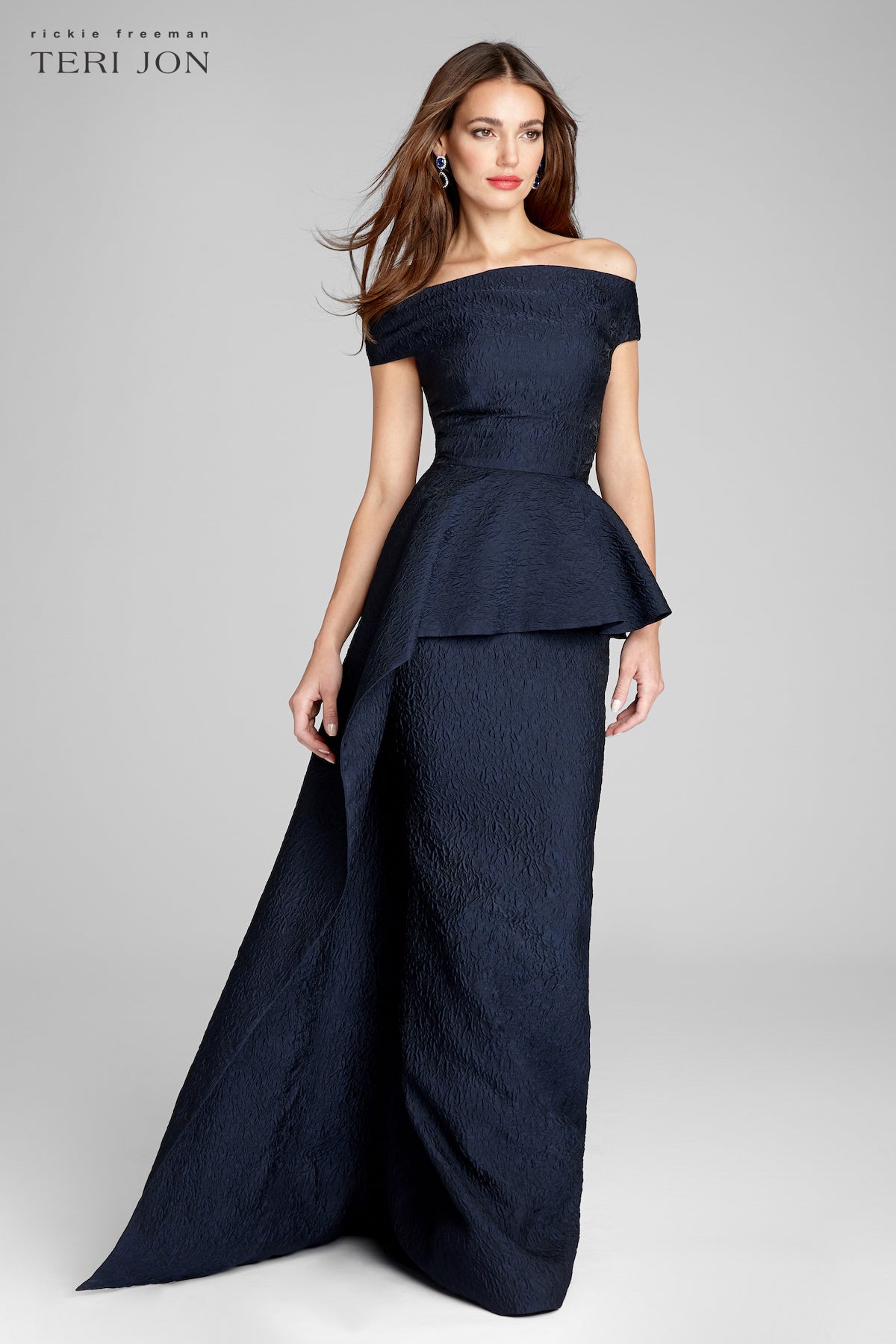 Teri Jon Jacquard Off The Shoulder Side Drape Overlay Gown Size 12 Teri Jon Jacquard Off The Shoulder Side Drape Overlay Gown Size 12
