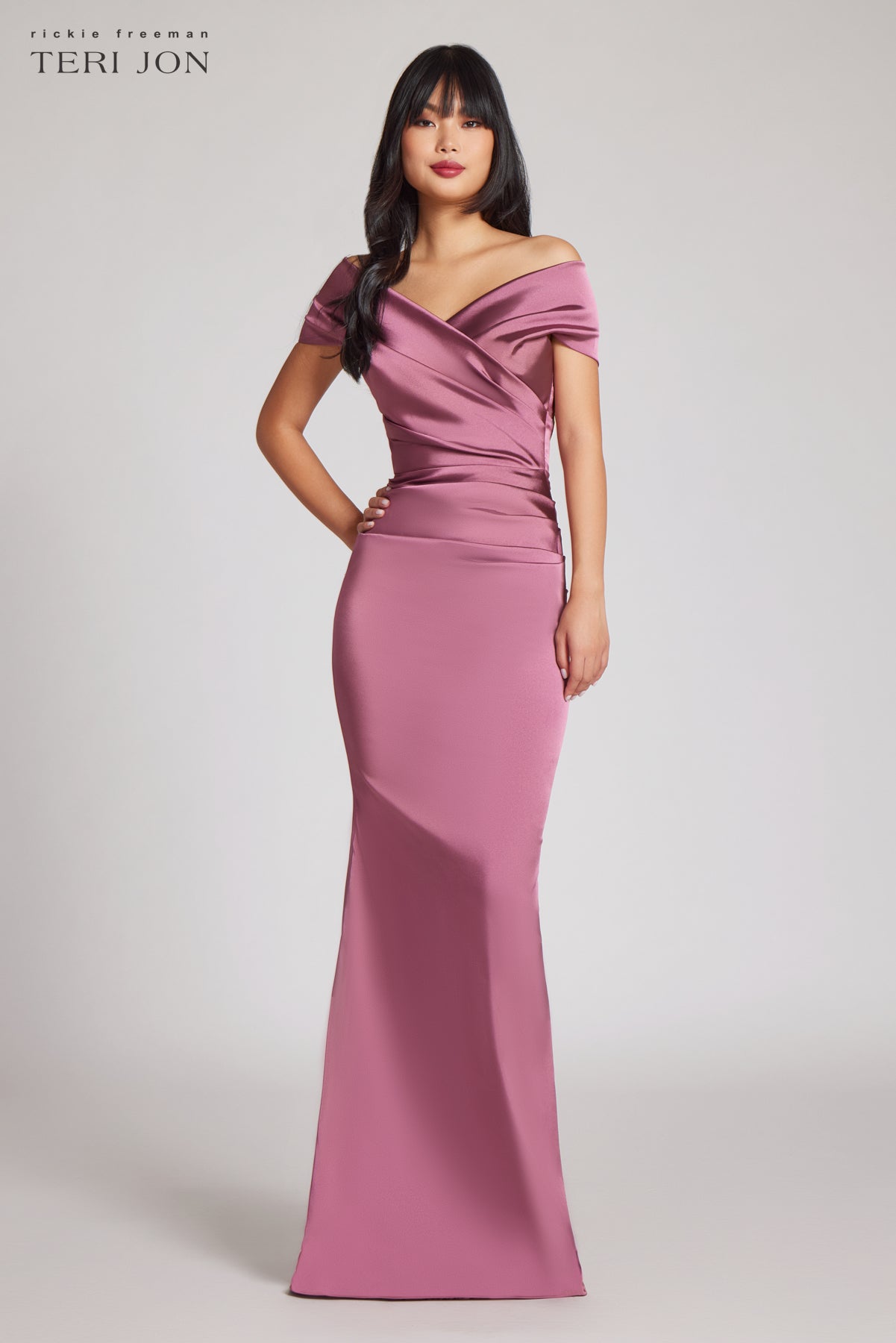 Off the Shoulder Stretch Satin Sweep Train Dress Peach Plus Size