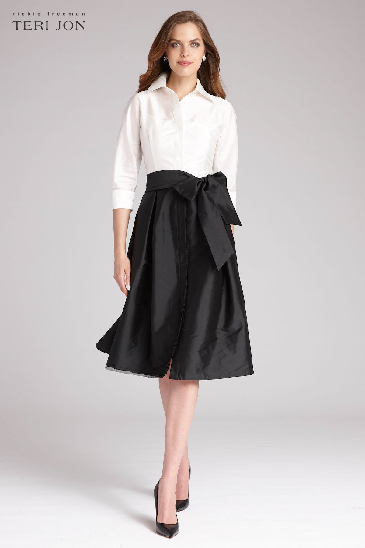 teri jon taffeta shirt dress Teri Jon 3/4 Sleeve Belted Taffeta Shirtdress 69224