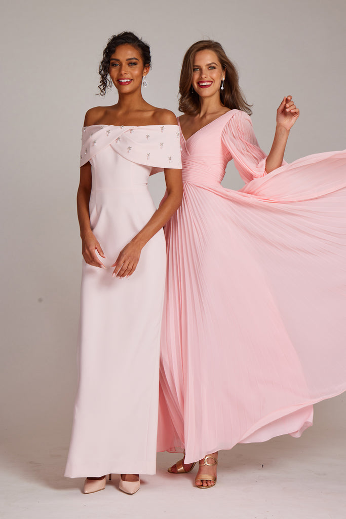 Crepe Off Shoulder Jewel Trim Portrait Column Gown Terijon