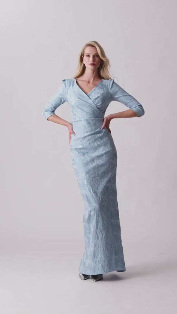 Stretch Jacquard 3/4 Sleeve V Neck Ruched Gown – Terijon.com