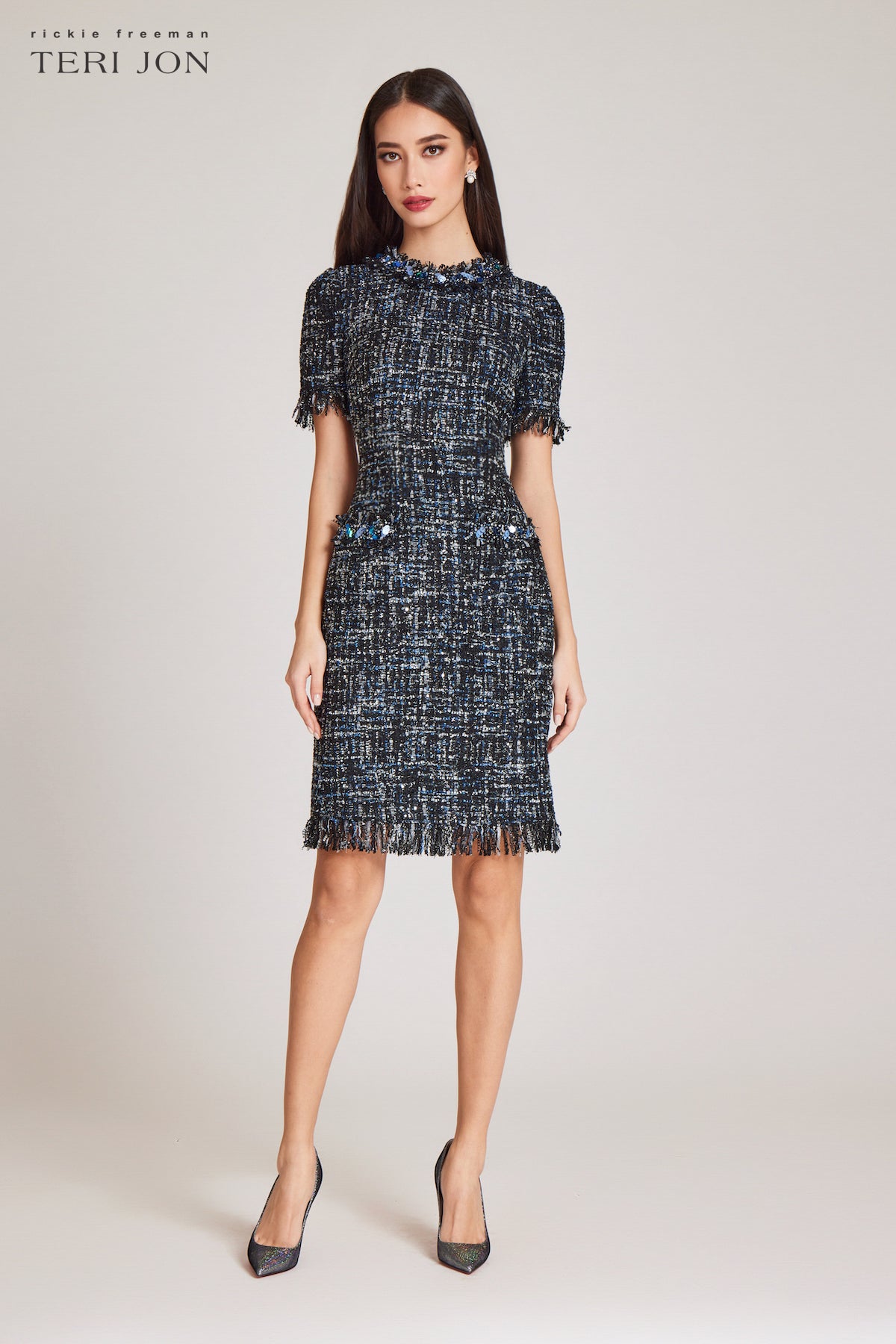 Rickie Freeman for Teri Jon Fringe-Trim Beaded Tweed Midi Dress