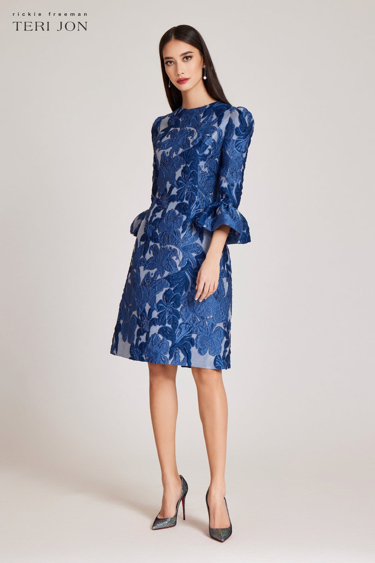 Jacquard Floral 3/4 Sleeve Flounce Cuff Dress