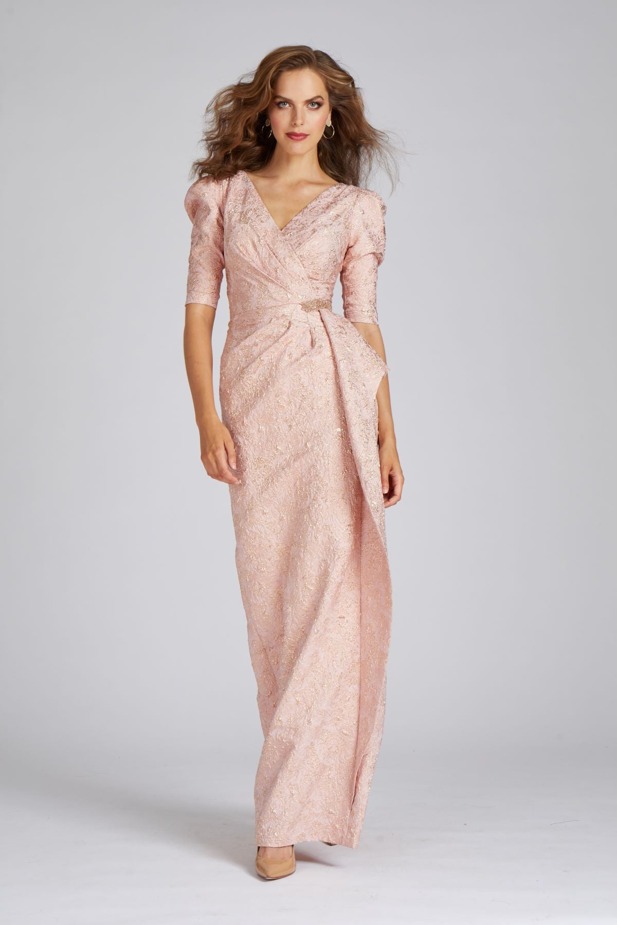 Peplum Stretch Metallic Jacquard Gown