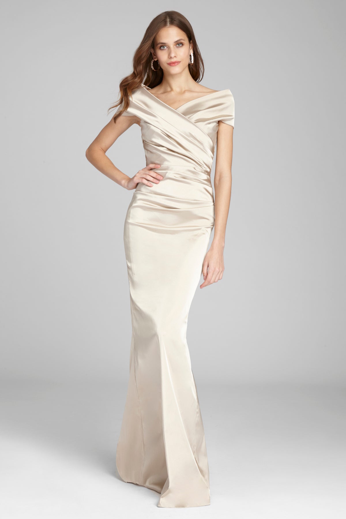 Teri Jon Satin Stretch Off The Shoulder Gown - Champagne